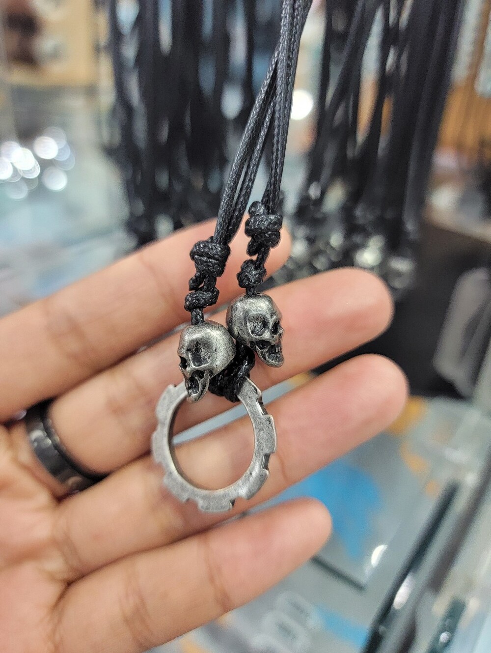 2 Left! Skull Pendant Necklace with Gear Ring - Black and Silver